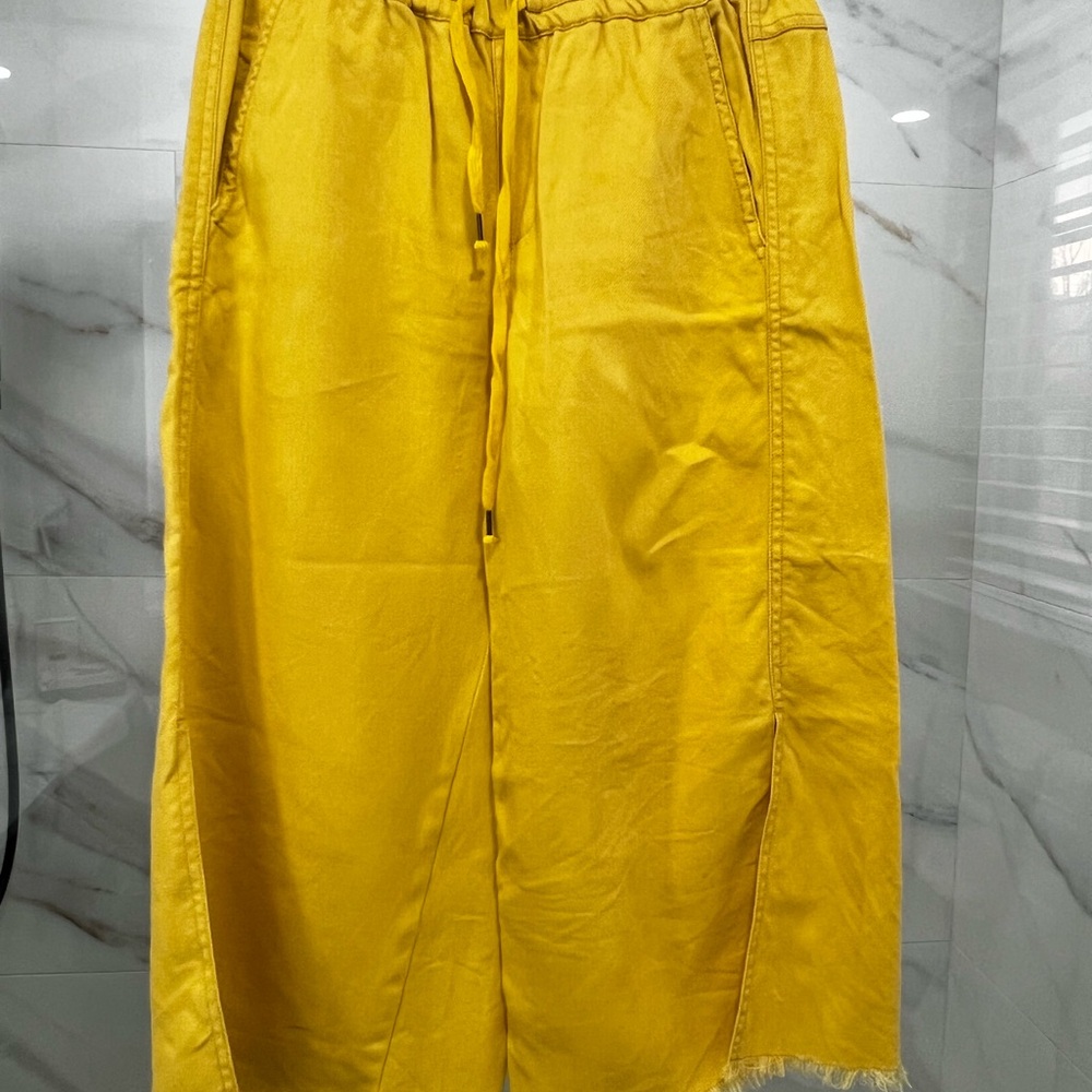 HEI HEI Pants Womens XS Yellow Fair Weather Wide Leg Crop Linen Anthro - Picture 3 of 5